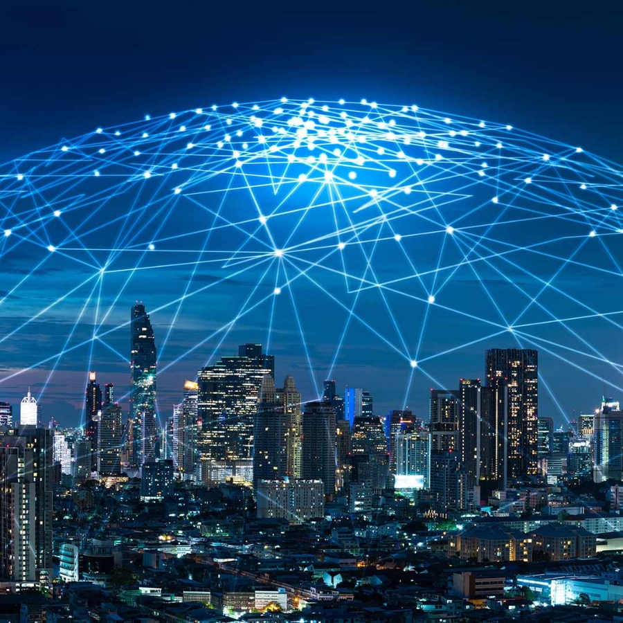Graphic Showing network over buildings of a city