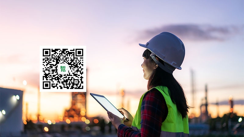 woman with tab with QR code